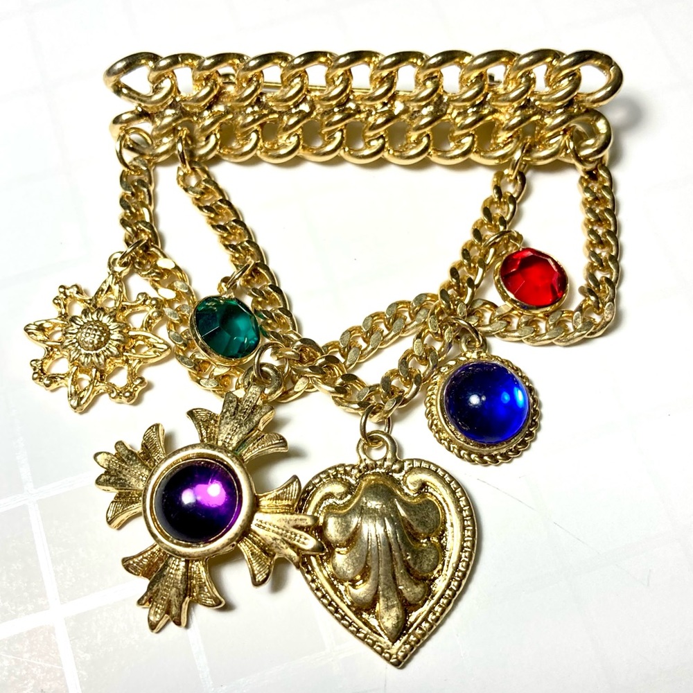 VTG JULIANA Book Piece Bar Brooch Maltese Cross Military Medal Cabochon Dangle